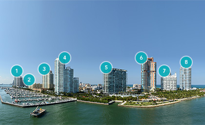 Map of South Pointe towers neighboring Murano Grande, numbered 1 through 8